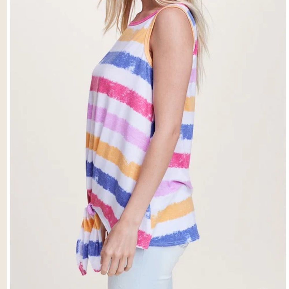 New IVORY MULTI STRIPE TIE HEM SLEEVELESS TANK TOP B18 - Picture 2 of 2